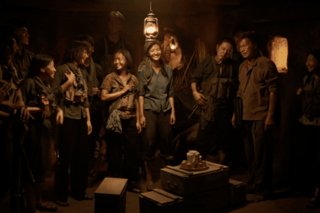 Nhóm người vui vẻ tụ tập trong một không gian tối tăm được thắp sáng bởi đèn lồng