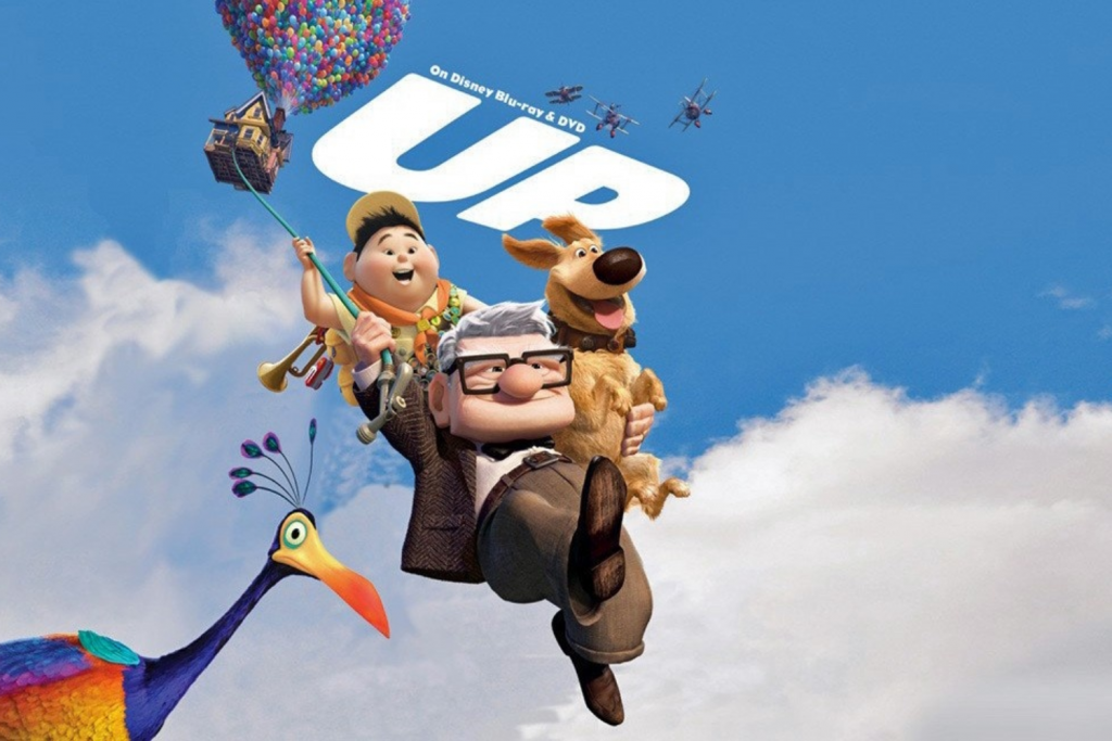 Ông lão và cậu bé cùng chú chó bay lượn trên bầu trời bằng những quả bóng bay đầy màu sắc