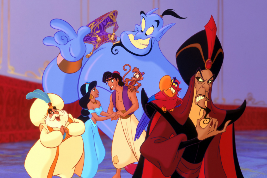 Các nhân vật hoạt hình Aladdin gồm thần đèn Genie công chúa Jasmine và phù thủy Jafar