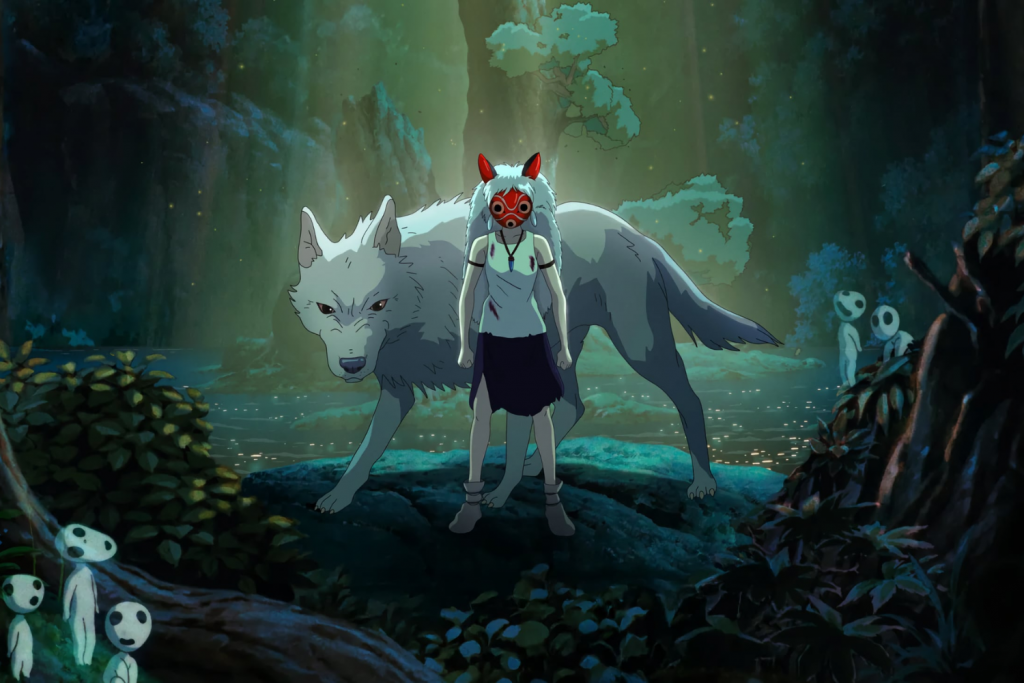 Nữ nhân vật hoạt hình đứng cạnh sói trắng trong rừng xanh thẫm bao quanh bởi các linh hồn cây nhỏ