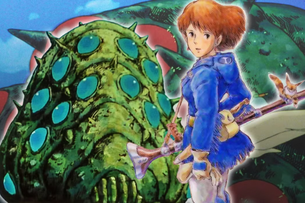 Nhân vật nữ cầm súng đứng cạnh sinh vật khổng lồ màu xanh lá cây nhiều mắt