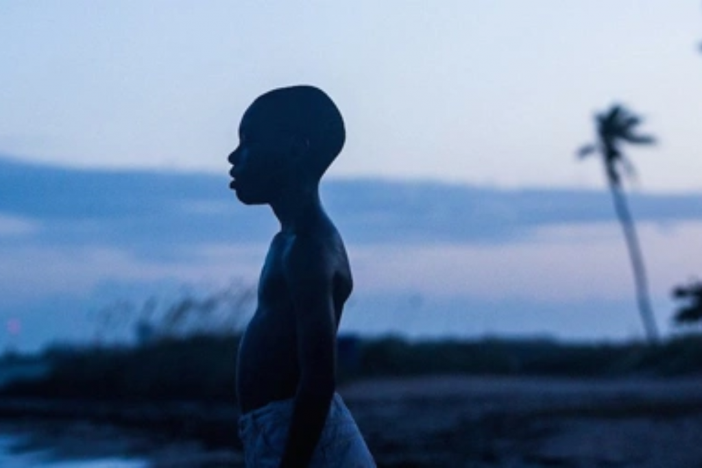 Một cậu bé nhìn ra xa trên nền trời hoàng hôn và bóng cây dừa