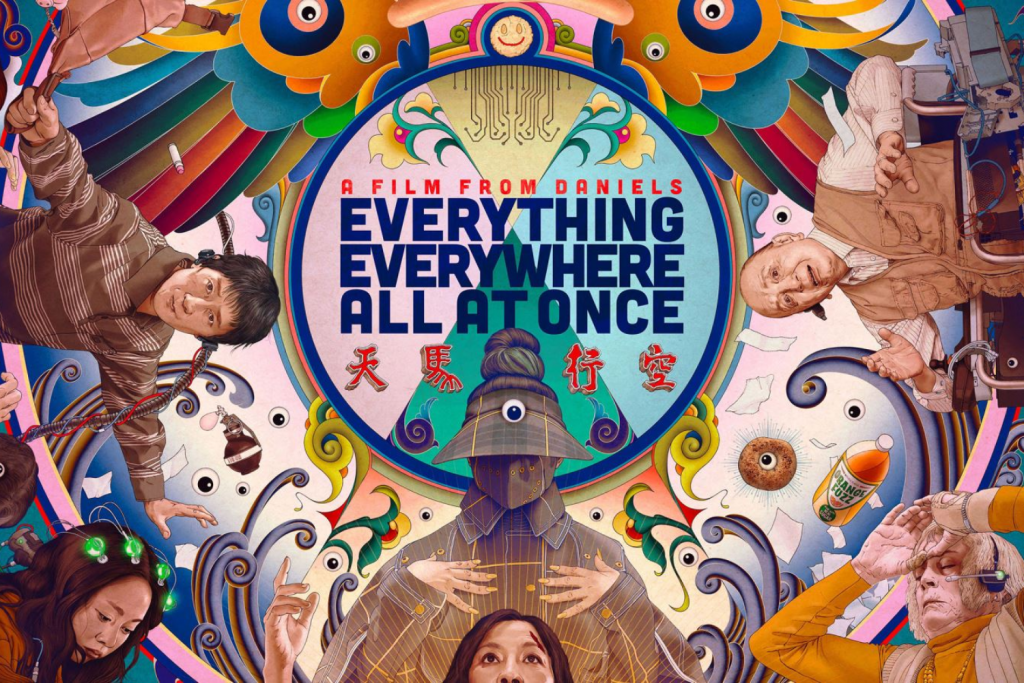 Poster phim "Everything Everywhere All at Once" với nhiều hình ảnh nhân vật kỳ lạ xung quanh