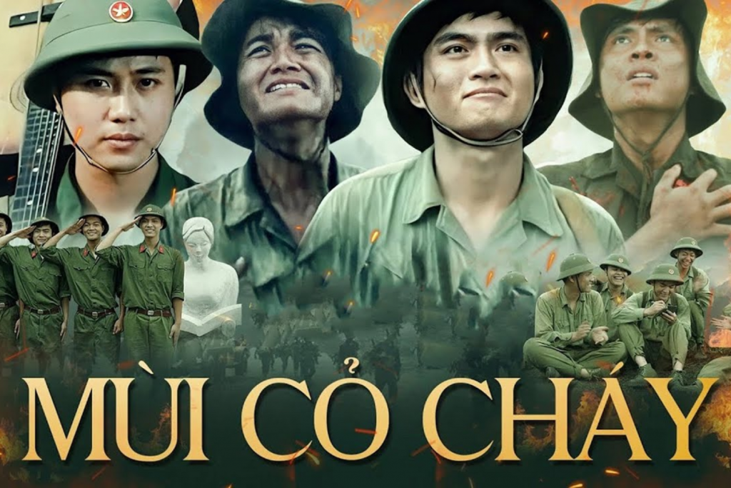 Poster phim "Mùi cỏ cháy" với hình ảnh các chiến sĩ quân đội nghiêm nghị và khói lửa chiến tranh