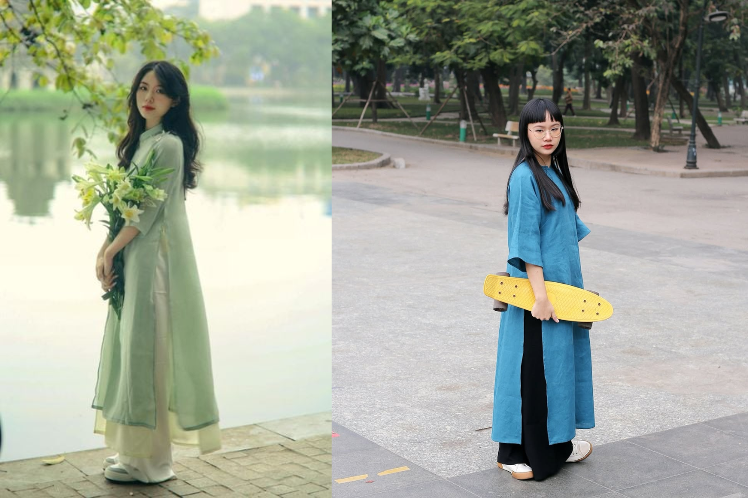 Cô gái mặc áo dài duyên dáng tạo dáng bên hồ và trên phố