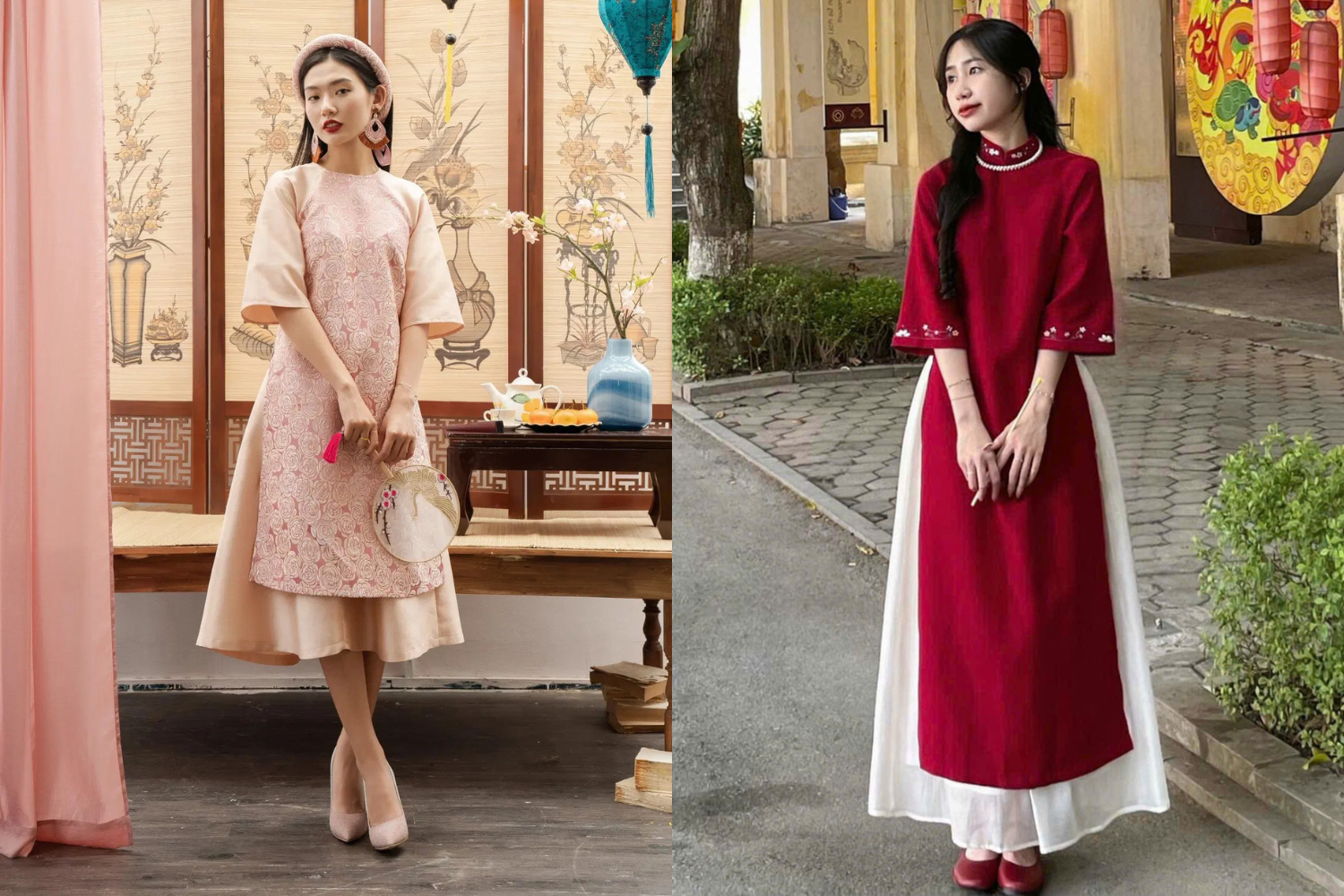 Hai cô gái mặc áo dài duyên dáng trong không gian đậm chất Tết truyền thống